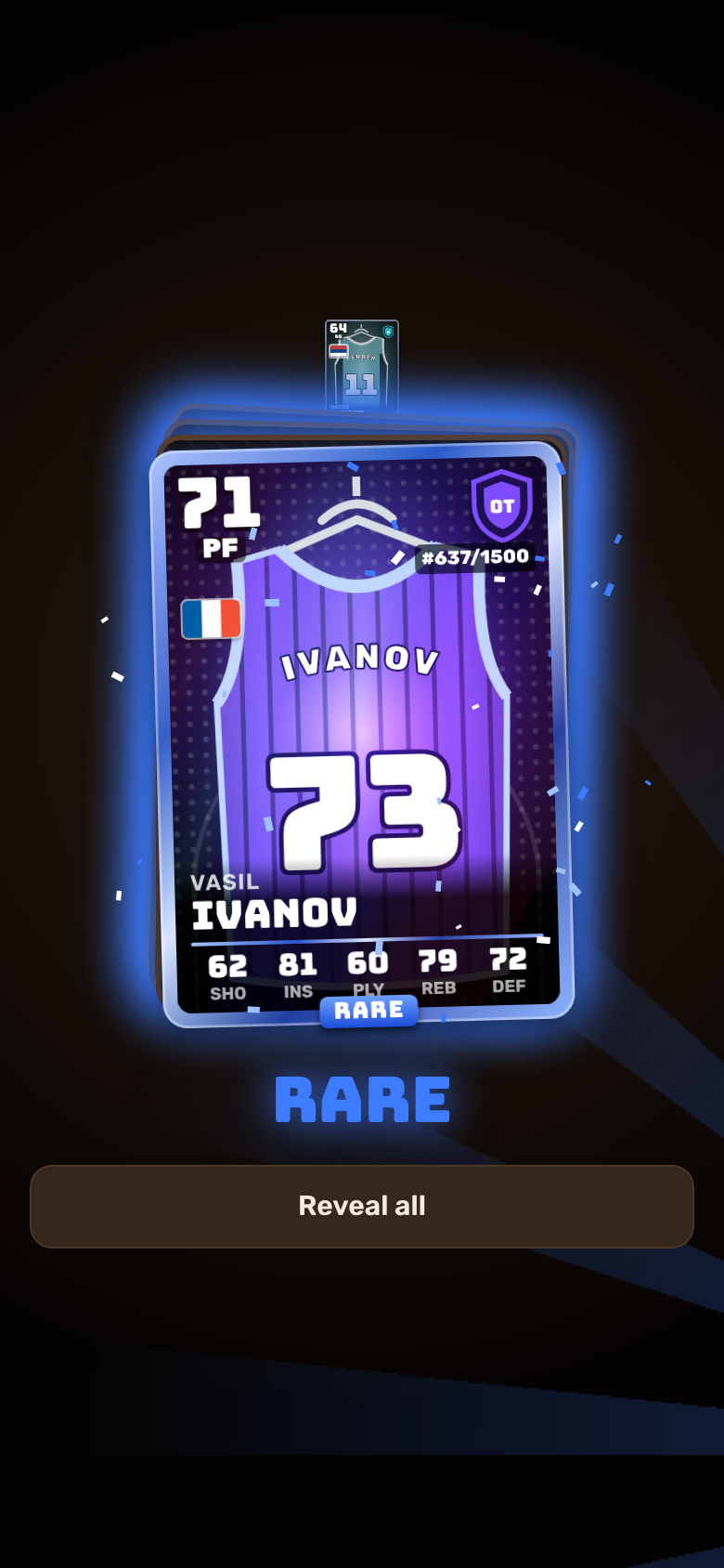 Pack opening in the demo: a Rare card reveal with light beams
