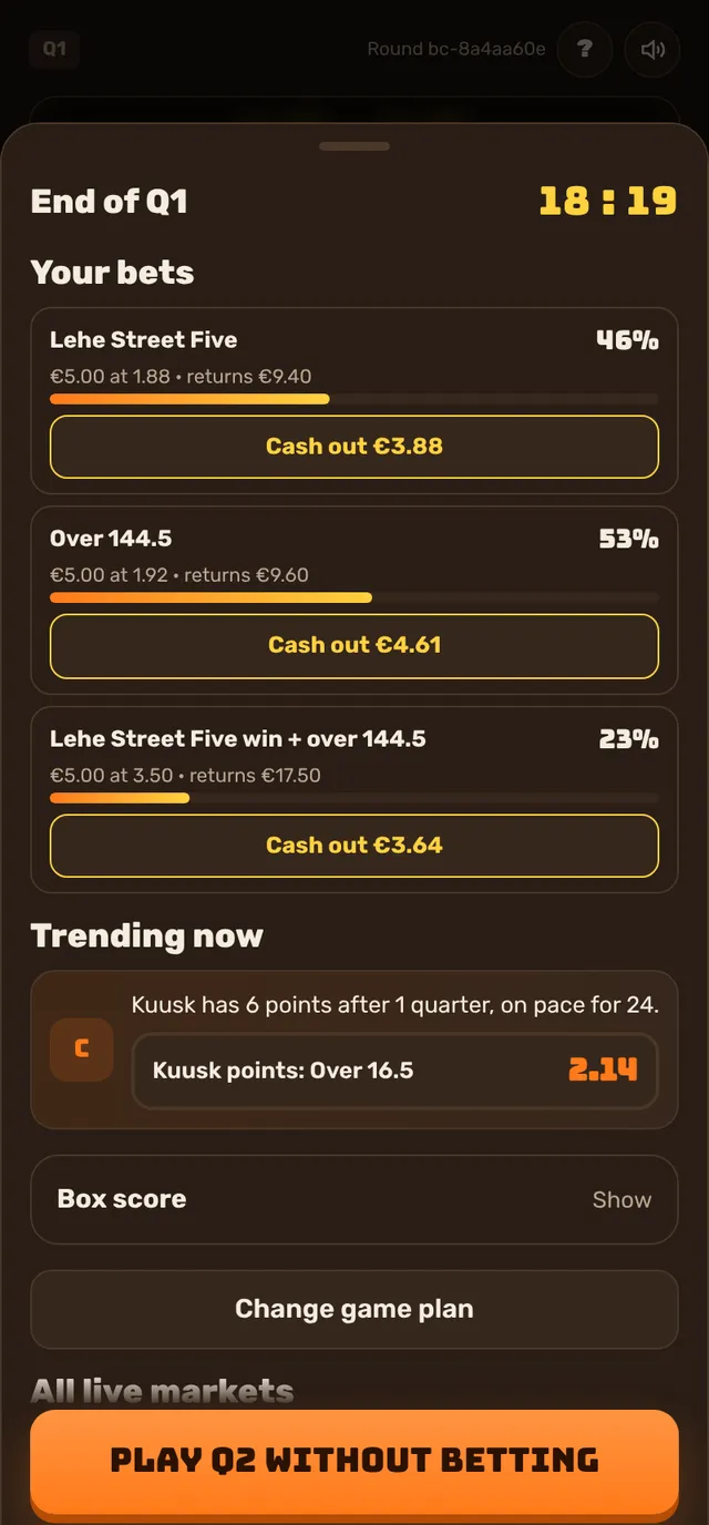 Quarter break: open bets with cash out and fresh live odds