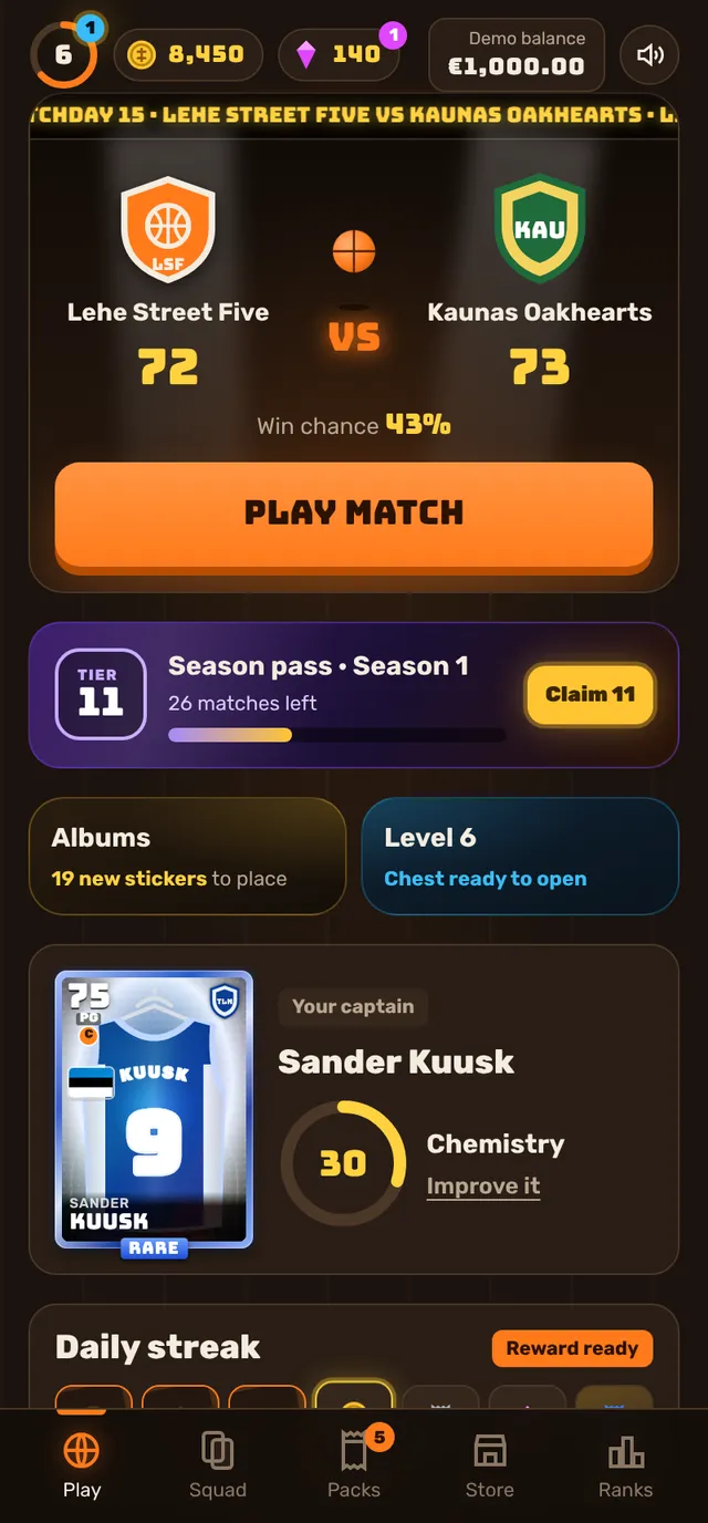 Home screen with next opponent, win chance and season pass