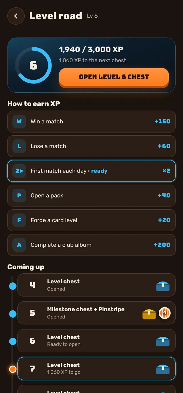 Level road showing XP sources and upcoming chests