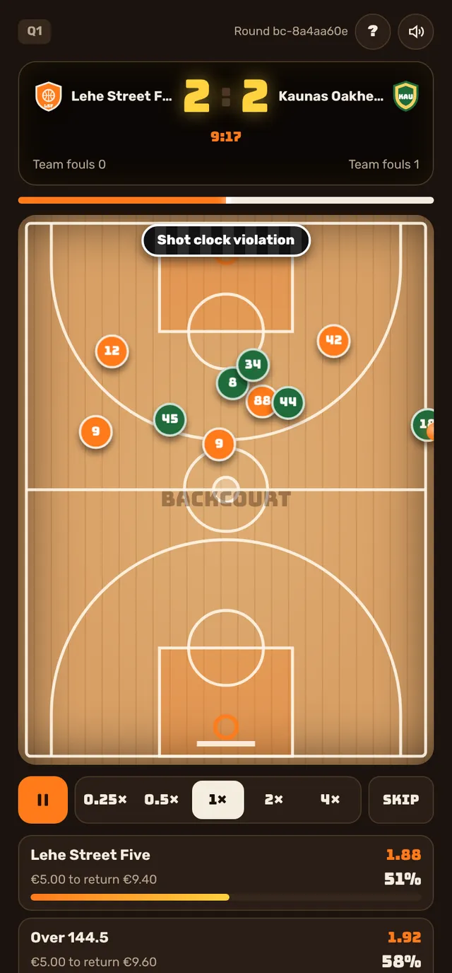 Live match: animated court, LED scoreboard and bet tracker