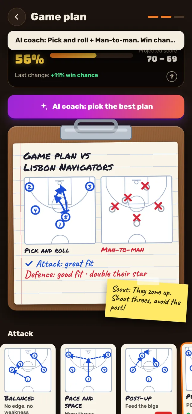 Game plan: a coach's clipboard with plays, boosters and a live win chance