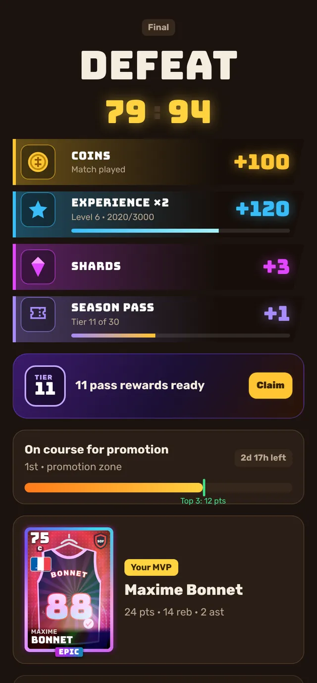 Result screen with rewards