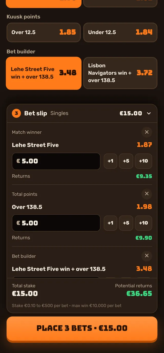 Bet slip with three singles and potential returns