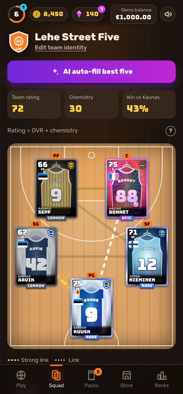 Squad screen: five cards on the court with chemistry links