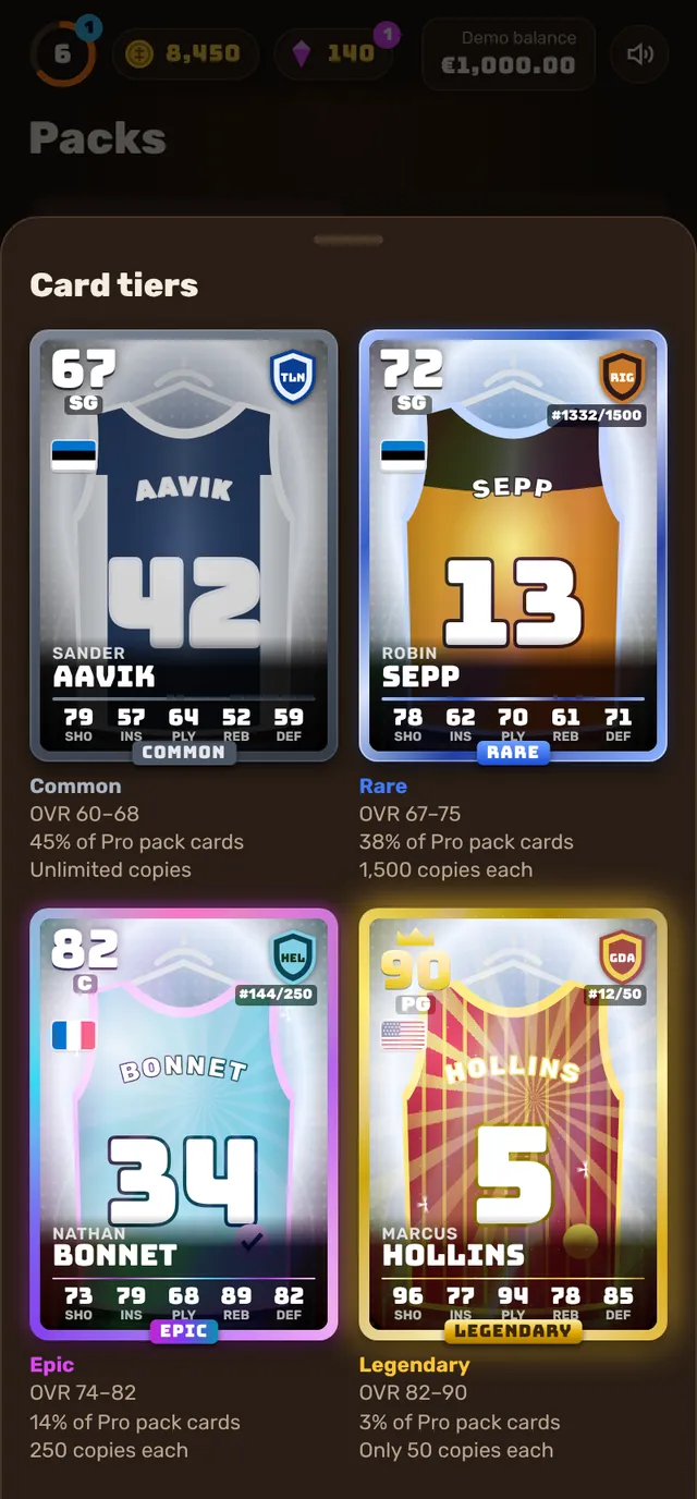 Card tiers: Common, Rare, Epic and Legendary