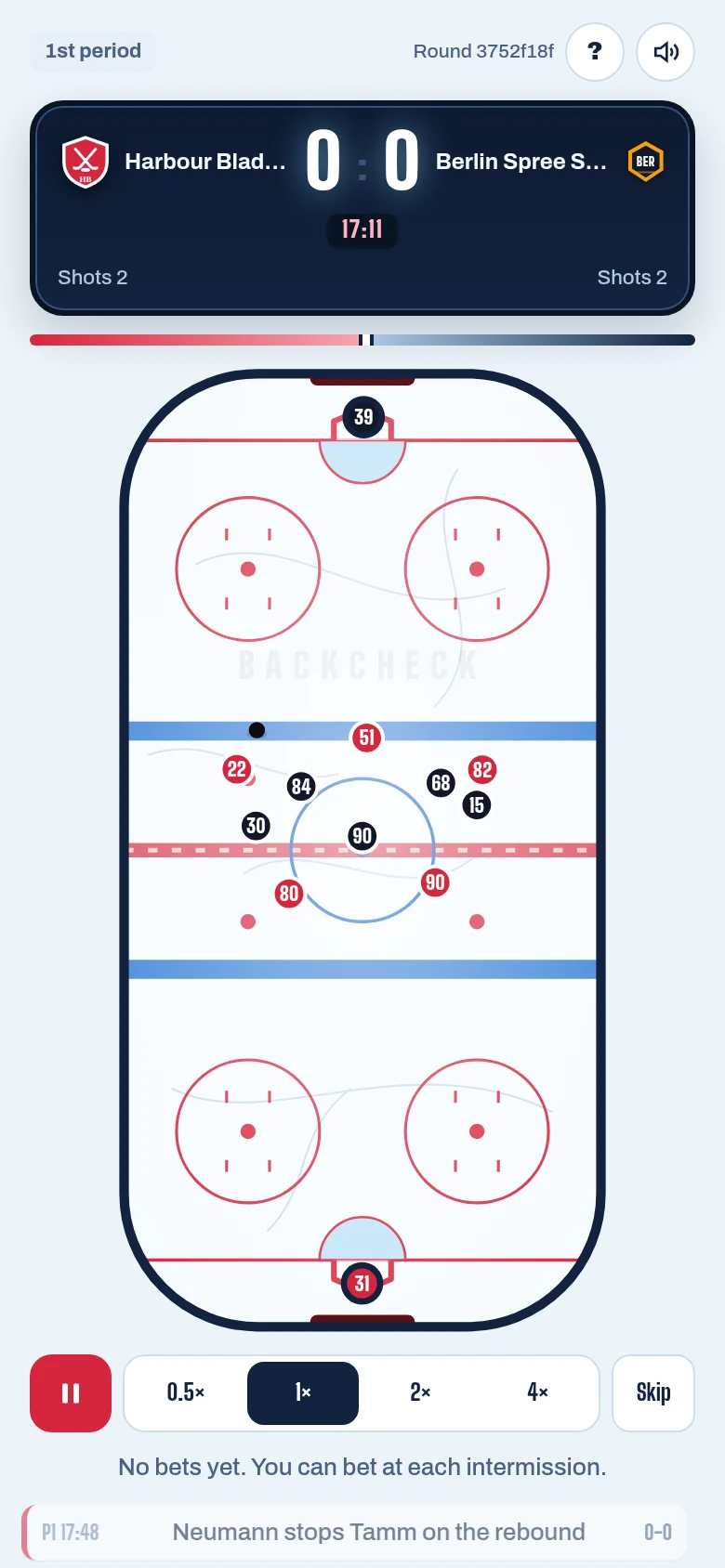 Live match: top-down rink, scoreboard and play-by-play